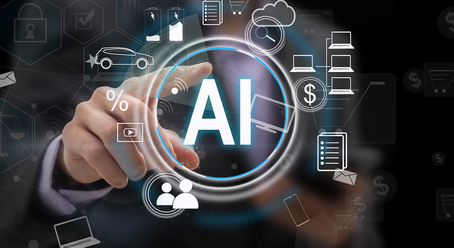 Man touching an ai concept on a touch screen with his finger. High quality photo