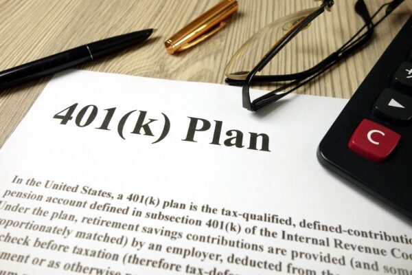 401k Plan with calculator pen and glasses, retirement planning