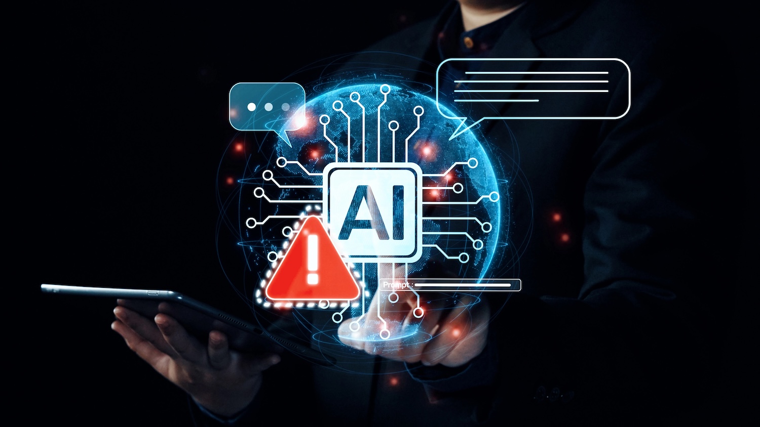 AI interface showing prompt error warning and system alert. AI prompt failure can lead to incorrect output or hallucination. Managing AI prompt error is crucial in safe AI deployment.