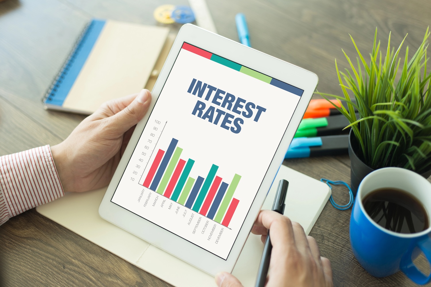 Business Charts and Graphs on screen with INTEREST RATES Title