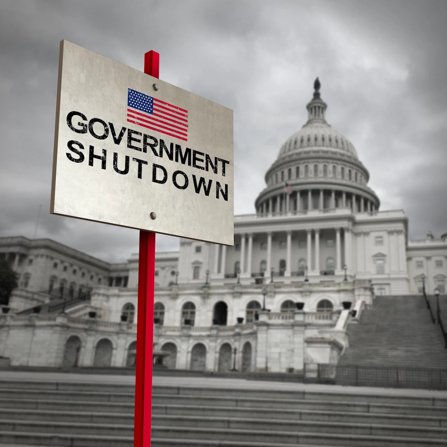 United States government shutdown and american federal shut down due to spending bill disagreement as a national finance symbol with 3D illustration elements.