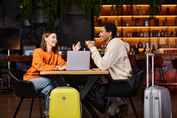 Business travelers enjoying a coffee in a cafe.
